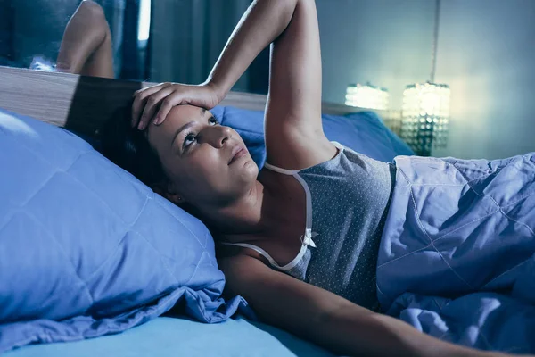 Sleep Disorder Insomnia Young Blonde Woman Lying Bed Awake — Stock Photo, Image