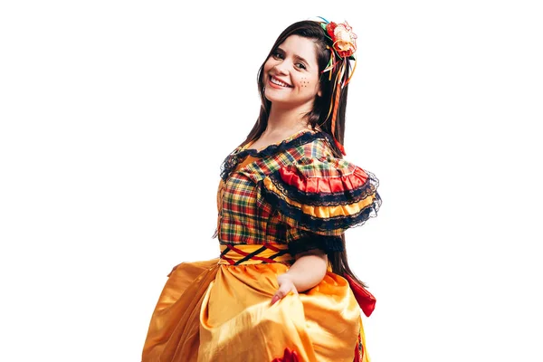 Mujer brasileña vestida con ropa típica para la Festa Junina - J — Foto de Stock