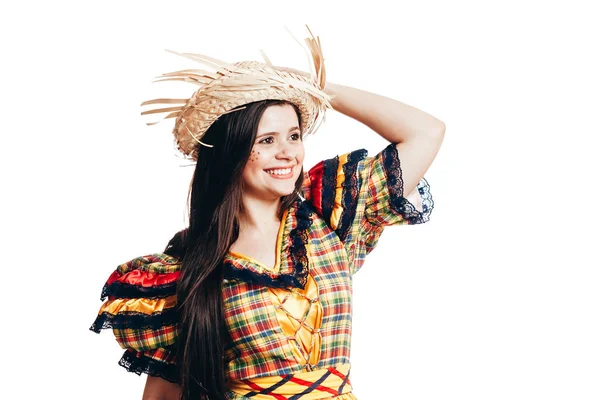 Βραζιλιάνα γυναίκα φορώντας τυπικά ρούχα για το Festa Junina-J — Φωτογραφία Αρχείου