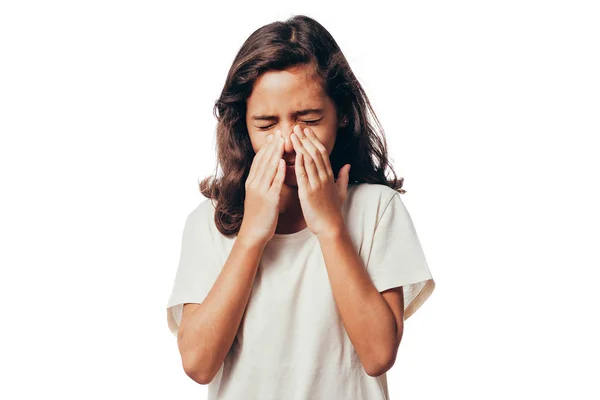 Sinus pain, sinus pressure, sinusitis. Sad child holding her nose and head because sinus pain — Stock Photo, Image