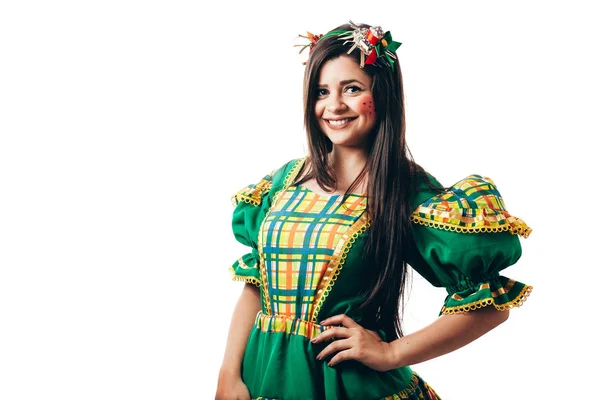 Brezilyalı kadın Festa Junina için tipik giysiler giyiyor - Haziran festivali — Stok fotoğraf