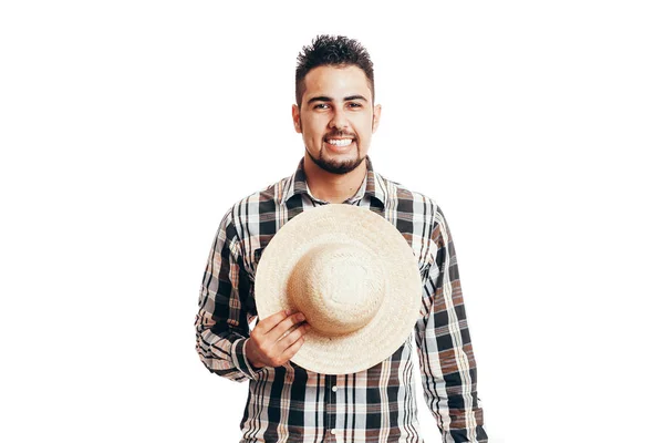 Hombre brasileño vestido con ropa tradicional para Festa Junina - Festival de junio - aislado sobre fondo blanco —  Fotos de Stock