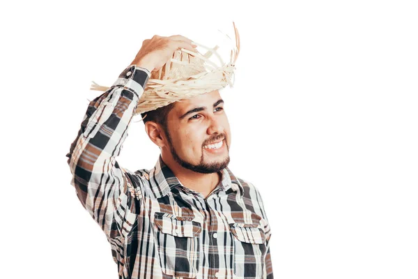 Braziliaanse man draagt traditionele kleren voor Festa Junina-June Festival-geïsoleerd op witte achtergrond — Stockfoto