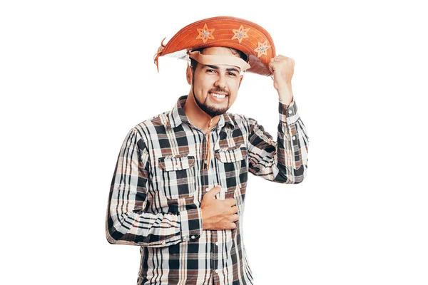 Hombre brasileño vestido con ropa tradicional para Festa Junina - Festival de junio - aislado sobre fondo blanco — Foto de Stock