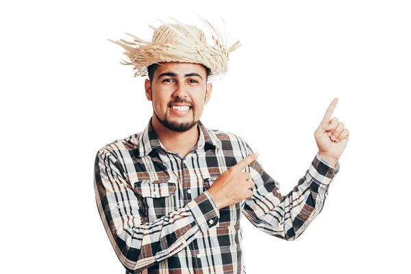 Brasileiro vestindo roupas tradicionais para Festa Junina - Festival de junho - isolado em fundo branco — Fotografia de Stock