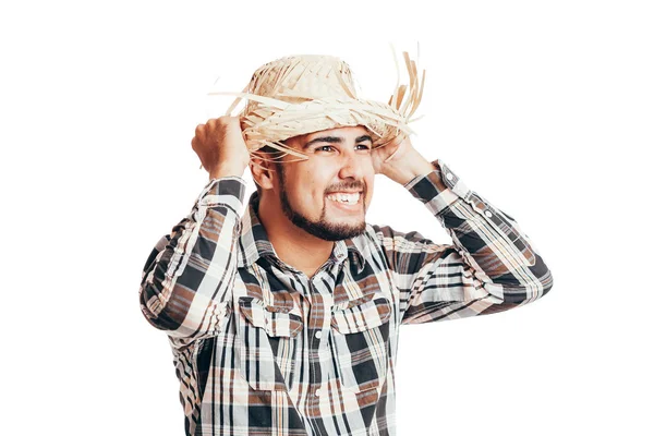 Hombre brasileño vestido con ropa tradicional para Festa Junina - Festival de junio - aislado sobre fondo blanco — Foto de Stock