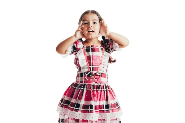 Niña vestida con ropa tradicional para el Festival de Junio aislada sobre fondo blanco —  Fotos de Stock