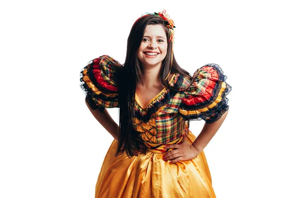 Donna brasiliana vestita con abiti tipici per la Festa Junina - Festa di giugno — Foto Stock
