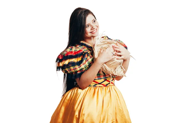 Brezilyalı kadın Festa Junina için tipik giysiler giyiyor - Haziran festivali — Stok fotoğraf