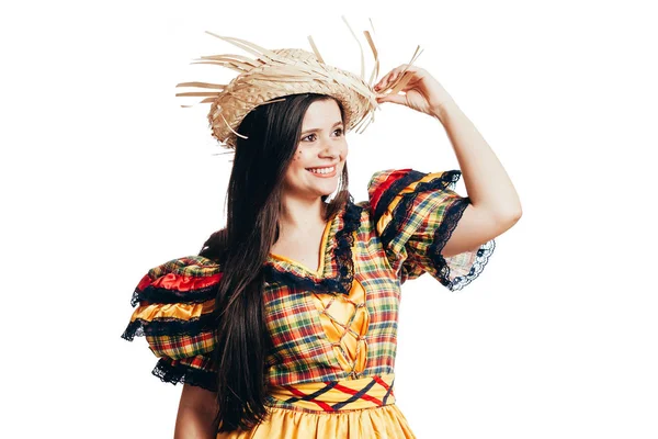 Brazylijska kobieta nosi typowe ubrania dla Festa Junina-June Festival — Zdjęcie stockowe