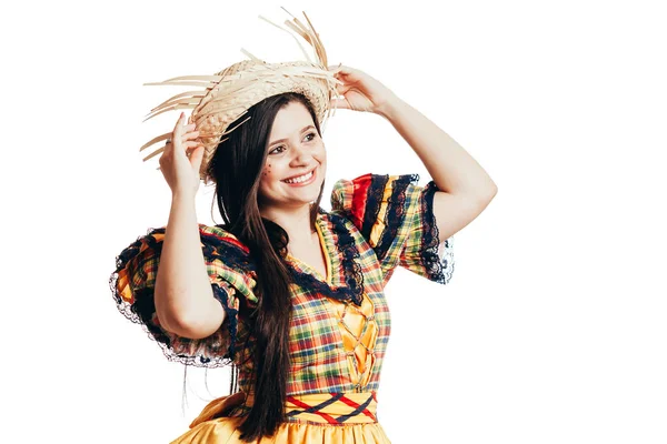 Brazylijska kobieta nosi typowe ubrania dla Festa Junina-June Festival — Zdjęcie stockowe