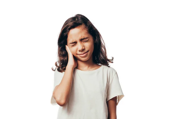 Child has a sore ear. Little girl suffering from otitis — Stock Photo, Image