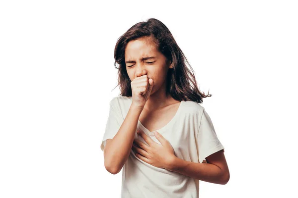 Cute little girl is coughing, on white background — Stock Photo, Image