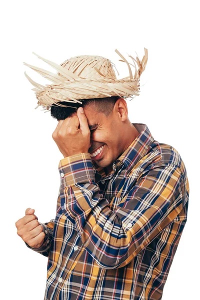 Brasileiro vestindo roupas tradicionais para Festa Junina - Festival de junho - isolado em fundo branco — Fotografia de Stock