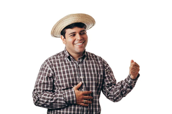 Hombre brasileño vestido con ropa tradicional para Festa Junina - Festival de junio - aislado sobre fondo blanco — Foto de Stock