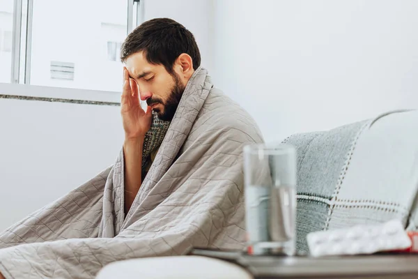 Man Feeling Sick Couch Home Cold Flu Symptoms Medicine Glass — Stock Photo, Image