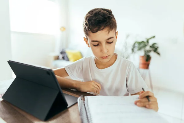 Education Technology Concept Student Boy Tablet Computer Learning Home Royalty Free Stock Images
