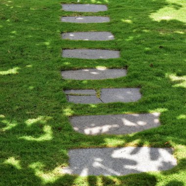 Suni Çim yeşil yürüyüş yolu beton plaka arka plan ile. Parkta peyzaj