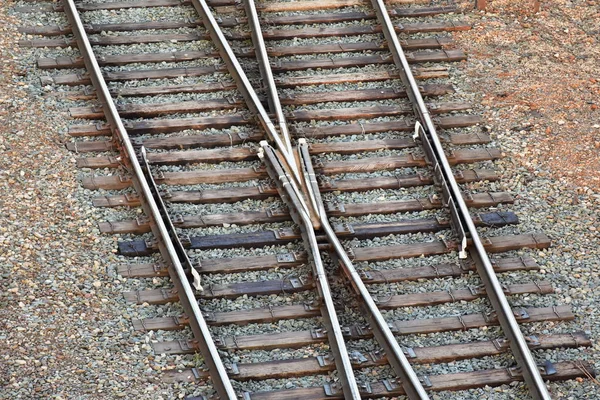 Jonction Ferroviaire Rails Sur Vieux Traverses Bois — Photo