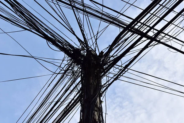 Large Steel Eletric Support Lot Tangled Wires Cables Complete Confusion — Stock Photo, Image