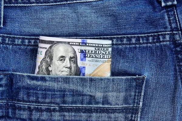 Président Franklin Sur Billet 100 Dollars Sort Poche Jeans Concept — Photo