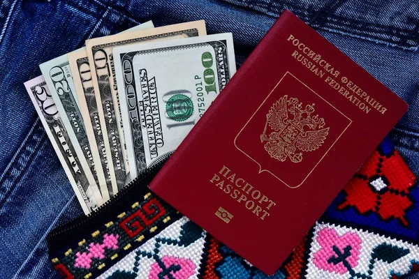 Shopping Travel Dollar Bills Beautiful Clutch Russian Passport Concept Tourism — Stock Photo, Image