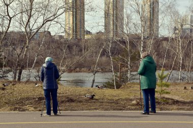 İki yaşlı kadın ördeklerin yürüyüşe beslenen sıcak elbise giymiş. Nordic walking için sopa var