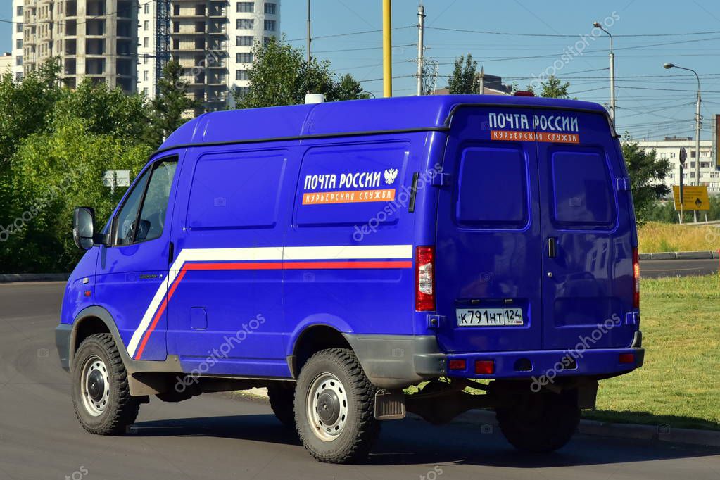 August 1, 2018. Krasnoyarsk. Russia. Minibus off-road vehicle. Transport for mail in rural areas. Company Post of Russia