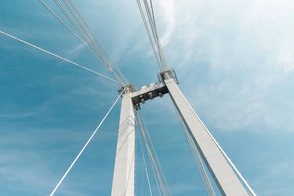 Cable Stayed Bridge Closeup Blue Cloudy Sky Abstract Structure Background — Stock Photo, Image