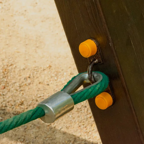 Thimble Detail Fixing Blue Nylon Rope Wooden Beam Structures Children — Stock Photo, Image