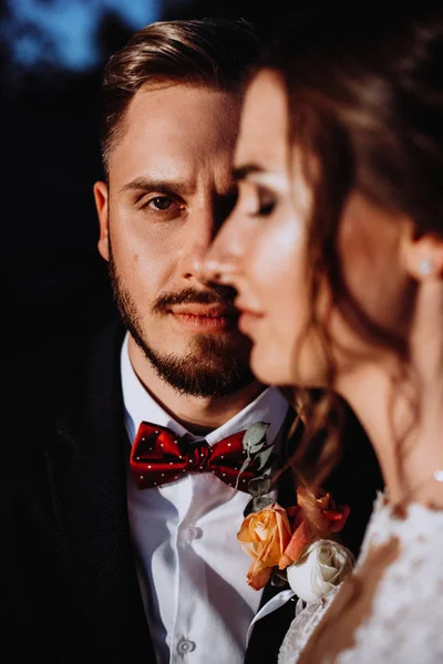 Πορτραίτο Του Γαμπρού Και Της Νύφης Άνθρωπος Που Lookin Στην — Φωτογραφία Αρχείου