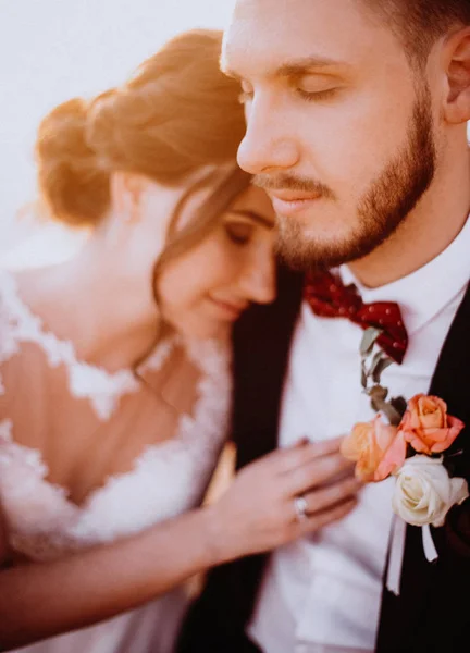 Belos Elegantes Recém Casados Estão Abraçando Sorrindo Fundo Natureza Chique — Fotografia de Stock