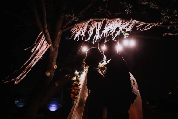 Enamorados Recém Casados Gentilmente Abraçar Cerimônia Casamento Natureza Luzes Grinalda — Fotografia de Stock