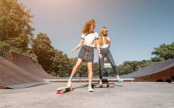 Kaykay ile paten parkta oynayan iki arkadaşlar. Gülme ve eğlence.