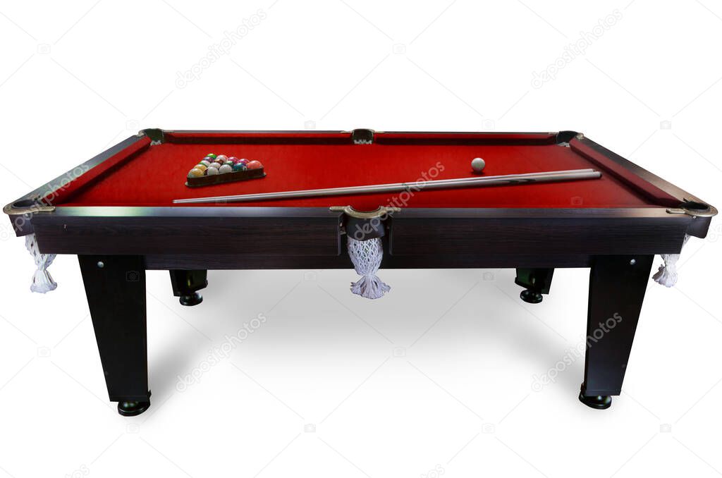 billiard table with balls and cue isolated on white background
