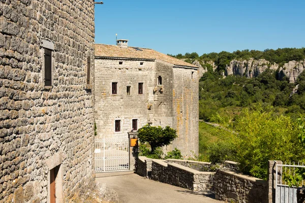 Vista Las Antiguas Casas Piedra Sus Alrededores Pueblo Medieval Balazuc —  Fotos de Stock