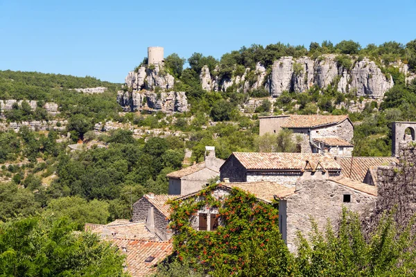 Vista Del Pueblo Medieval Balazuc Departamento Ardeche Sur Francia Con —  Fotos de Stock