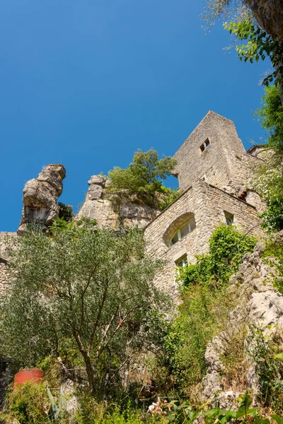 Vista Rocas Restos Una Pared Una Antigua Casa Piedra Pueblo —  Fotos de Stock