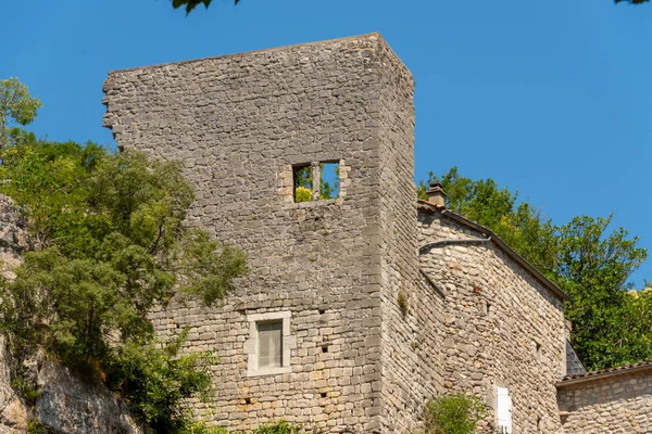 Stará Zeď Zůstává Poblíž Velmi Starý Kamenný Dům Francouzské Středověké — Stock fotografie