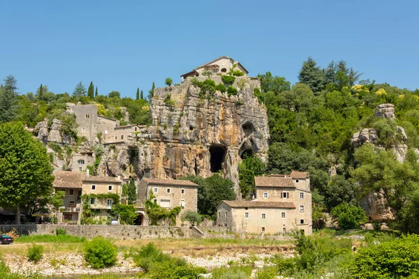 Small Medieval Village Labeaume Framed Rocks River Ardeche Southern France — Stock Photo, Image