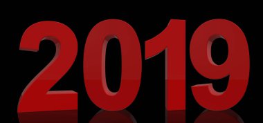 Yıl 2019 siyah bir arka plan önünde büyük kırmızı rakamlarla yansıması