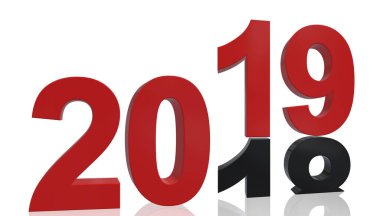 Dönüş yıl 3d grafik - beyaz bir arka plan önünde yansıtılmış 2019 siyah renkli, 2018 yıl kırmızı renk standları