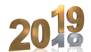 Sıra numarası 2018 üzerinde beyaz bir arka plan önünde yansıtılmış altın duruyor 2019 yılında yıl 3d grafik-