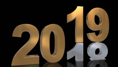 Yıl 3d grafik - altın 2019 yılında sıram üstünde sayı 2018-gümüş, siyah bir arka plan önünde yansıtılmış
