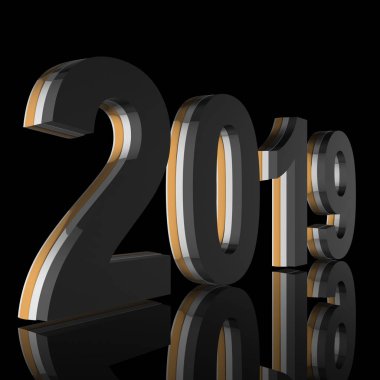 Yıl 2019 yılında gümüş, altın, 3d render olarak gri çapraz ve siyah bir arka plan önünde yansıtılmış