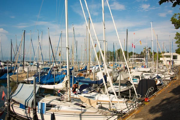 Vista Para Marina Friedrichshafen Lago Constança Com Seus Muitos Iates — Fotografia de Stock