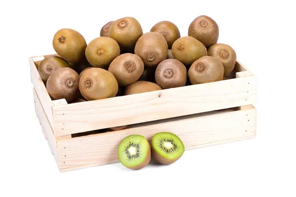 Holzkiste Gefüllt Mit Vielen Reifen Und Frischen Kiwi Früchten Und — Stockfoto