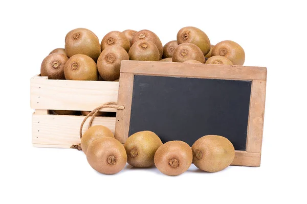 Wooden Box Filled Many Ripe Fresh Kiwi Fruits Other Fruits — Stock Photo, Image