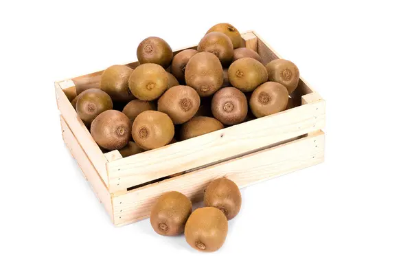 Caja Madera Llena Muchos Kiwis Maduros Frescos Tres Frutas Enteras — Foto de Stock