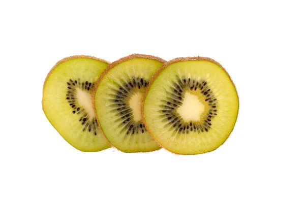 Trzy Plasterki Dojrzałe Świeżych Owoców Kiwi Białym Tle — Zdjęcie stockowe